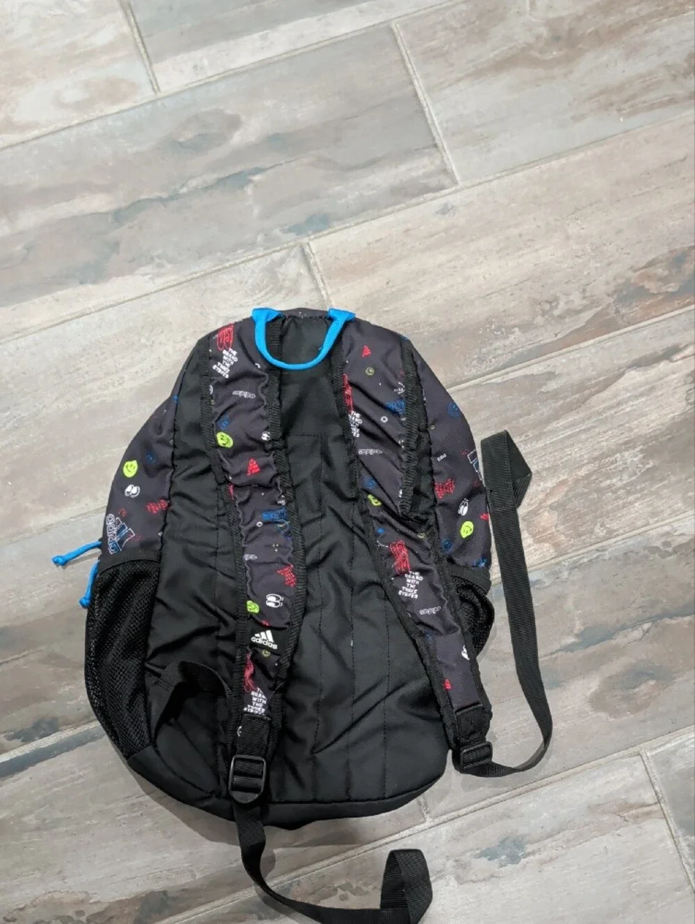 adidas Black Backpack with Bright Blue Stripes and Multicolor Prints